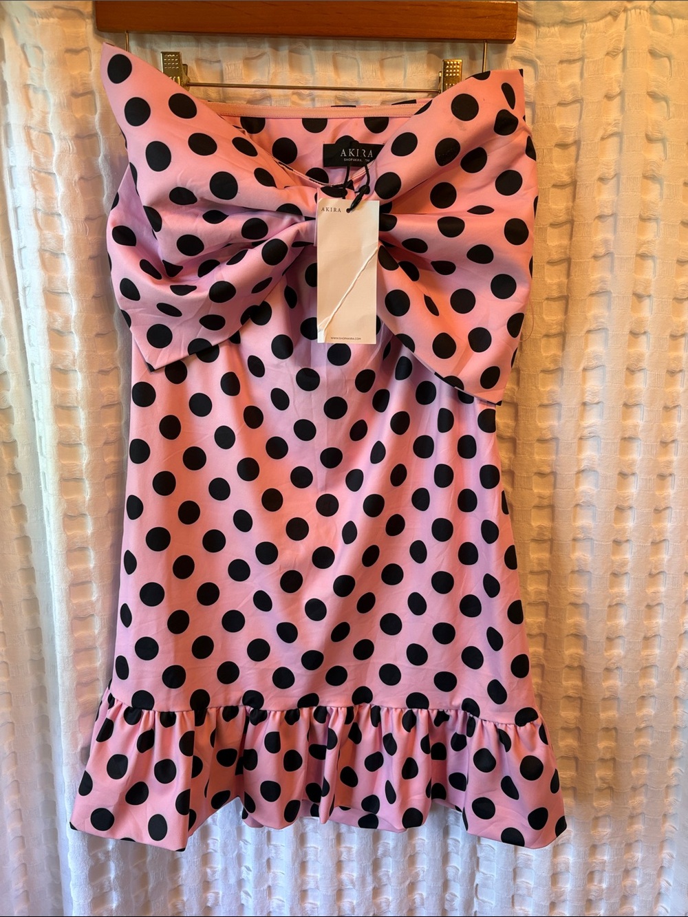 AKIRA Pink and Black Polka Dot Mini Dress with Bow Detail